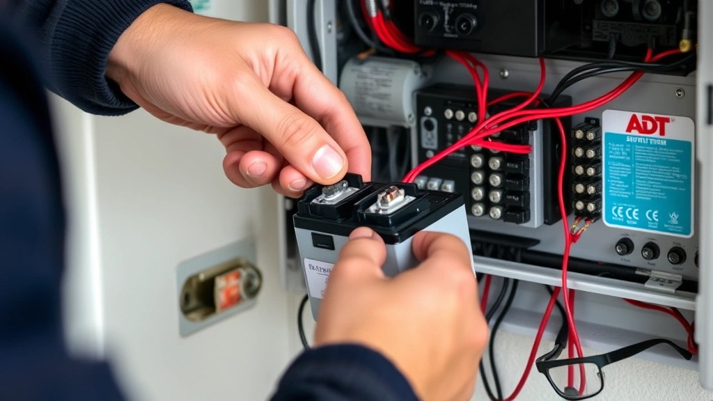 Close-up of a technician's hands carefully disconnecting battery terminals from an ADT security system control panel, showing proper red and black wire handling, clean workspace with safety glasses nearby, professional home security installation environment