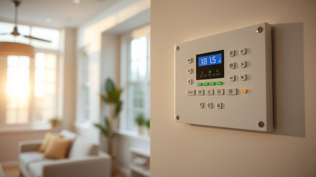 Wide shot of a residential control panel mounted on an interior wall with LED indicators illuminated, showing the device in normal operating condition within a modern home interior, morning natural light streaming through windows