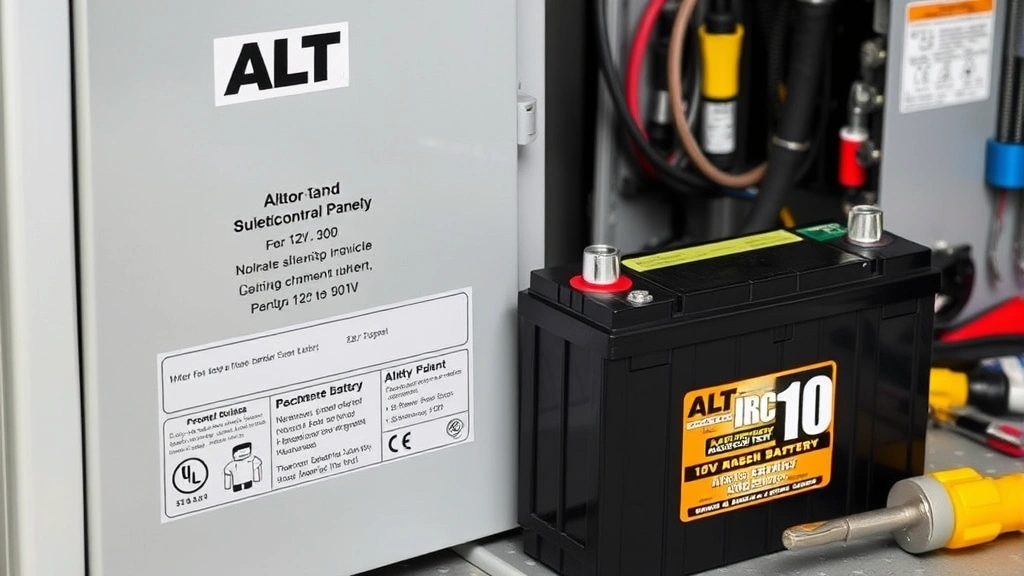 Detailed photograph of a 12V rechargeable backup battery next to an ADT control panel unit, showing proper battery specifications and terminal connections, professional maintenance setting with tools nearby
