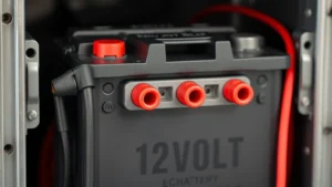 Close-up of a 12-volt rechargeable battery with red and black terminal connectors mounted in a metal bracket, showing proper installation orientation, photorealistic technical setup