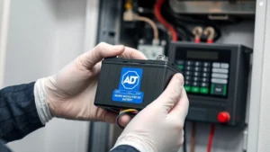 Professional security technician holding ADT backup battery module during installation, hands wearing protective gloves, modern security system keypad visible in background, indoor controlled environment