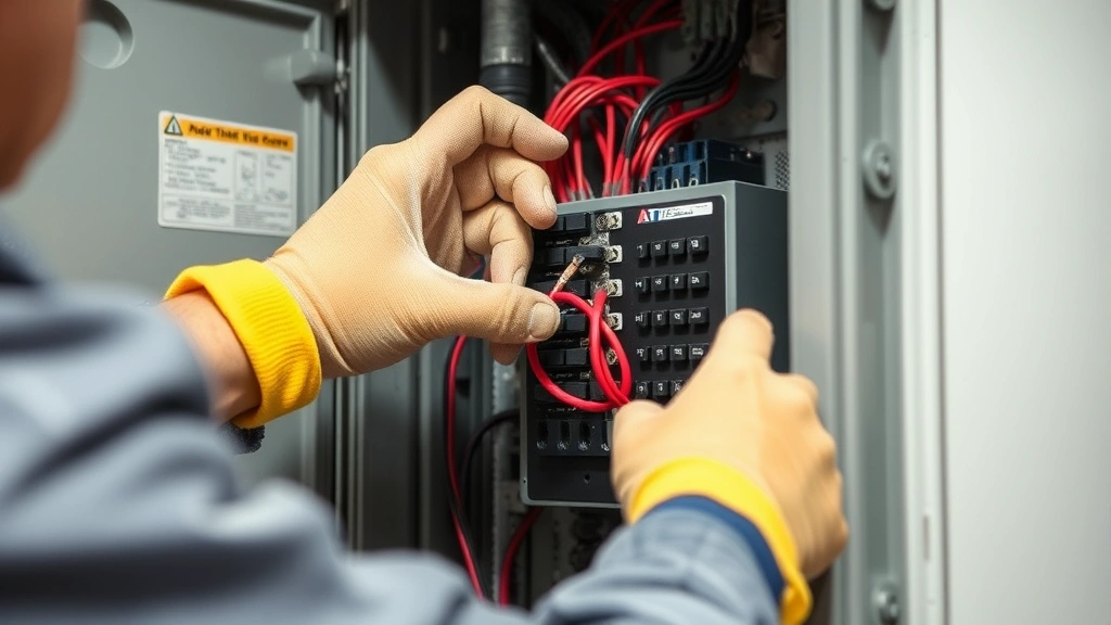 Technician carefully disconnecting battery cables from an ADT control panel using proper safety procedures, hands wearing protective gloves, well-lit professional environment