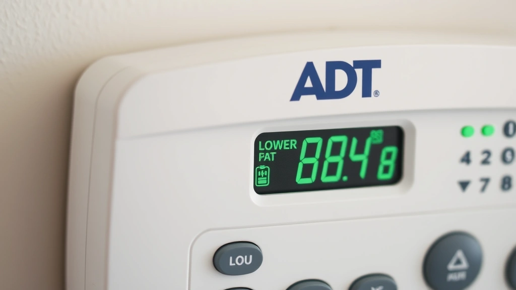 Close-up of battery status indicator display on ADT security system showing low battery warning light, digital readout with voltage levels, system mounted on white wall
