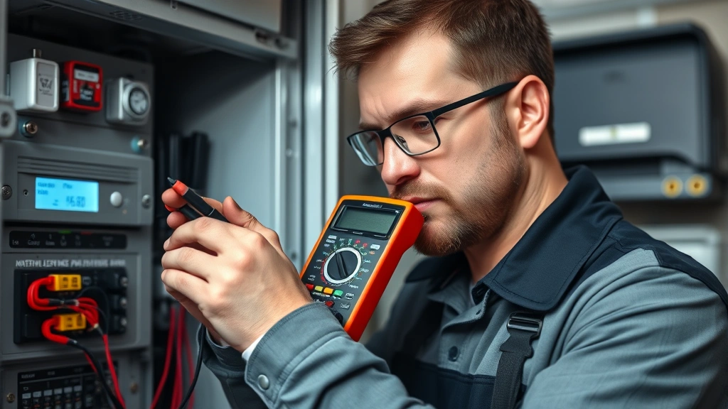 Professional security system technician testing battery voltage with a digital multimeter during system maintenance, control panel visible in background, detailed technical inspection