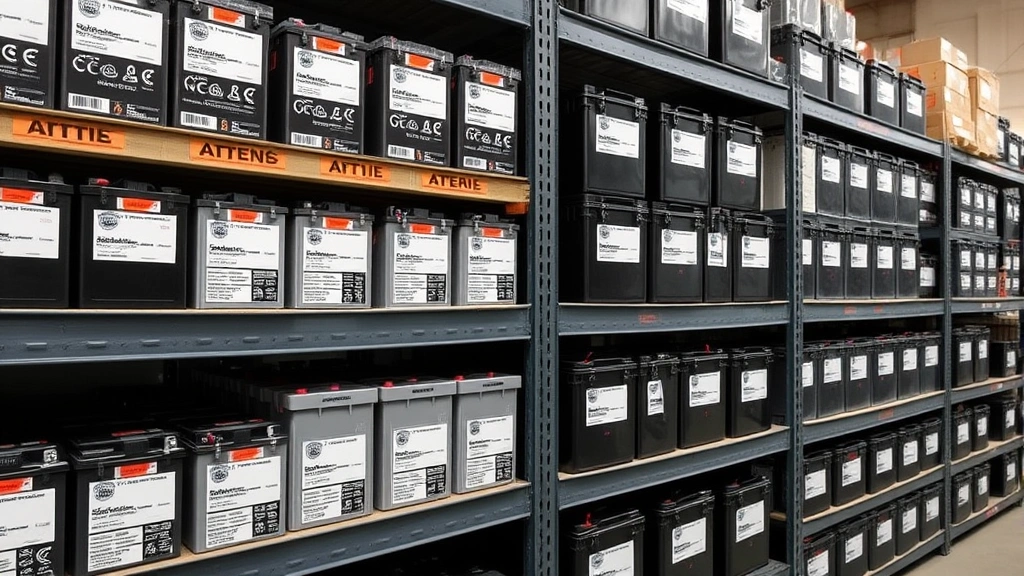 Fully stocked inventory of various ADT compatible batteries on shelves, sealed lead-acid and lithium-ion modules with labels, professional security equipment storage facility, organized storage system