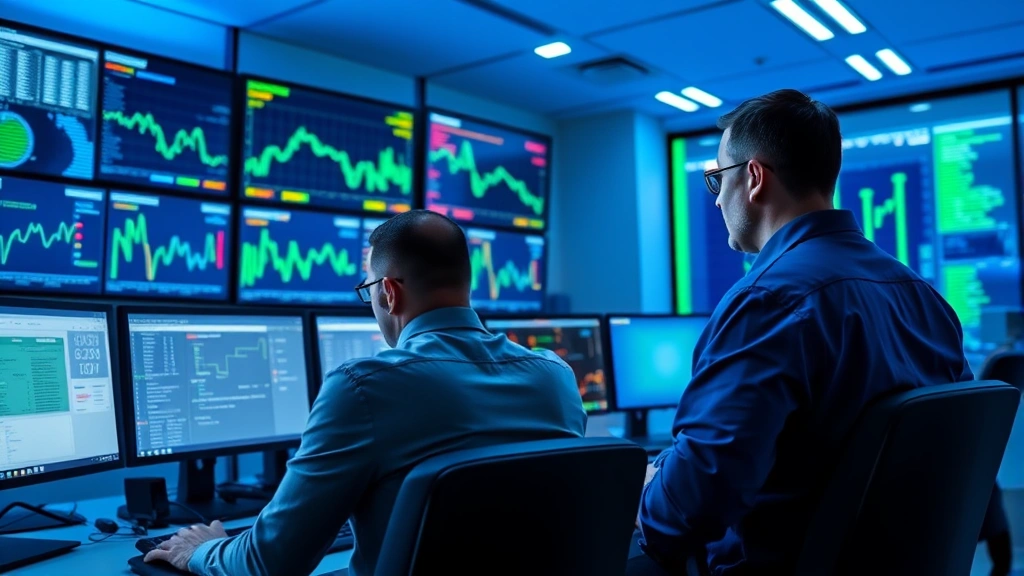 Professional security operations center with multiple monitors displaying network traffic patterns and threat alerts, cybersecurity analysts monitoring systems in modern facility with blue and green lighting