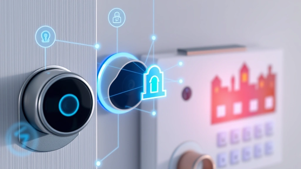 Close-up of connected home security devices including smart lock, camera, and control panel with network connectivity visualization, showing digital security layers protecting residential infrastructure
