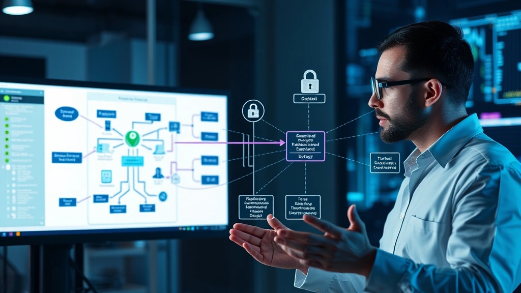 Cybersecurity expert conducting vulnerability assessment with network diagram displayed, showing interconnected systems, threat vectors, and security protocols protecting digital infrastructure