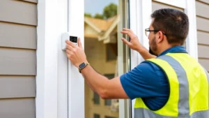 Professional installing wireless window sensor on modern home exterior, technician in safety vest positioning magnetic detector on white vinyl window frame, bright daylight, suburban residential setting