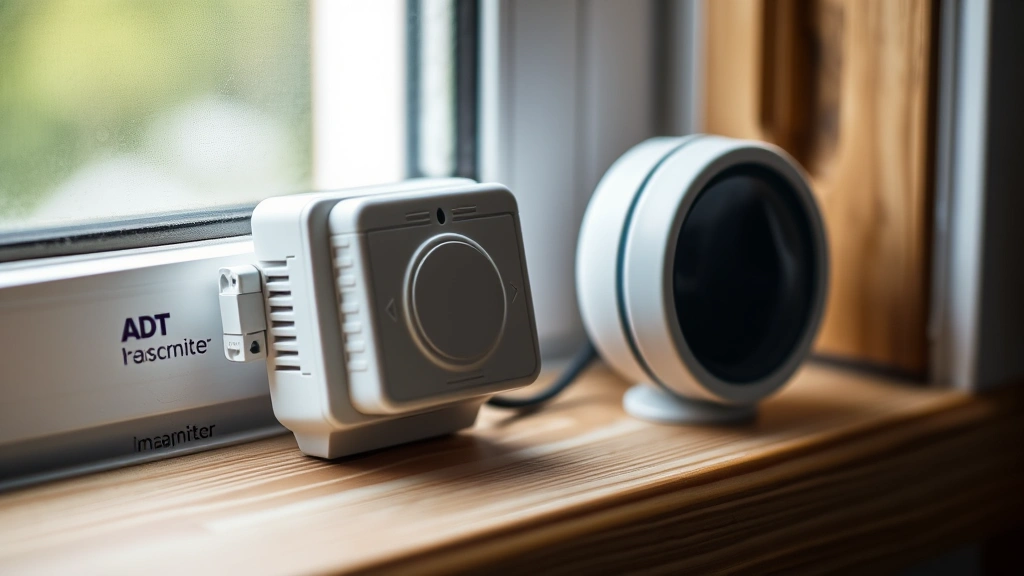Close-up of ADT window sensor components showing transmitter unit and magnetic trigger mechanism mounted on wooden window sill, technical detail photography, soft indoor lighting