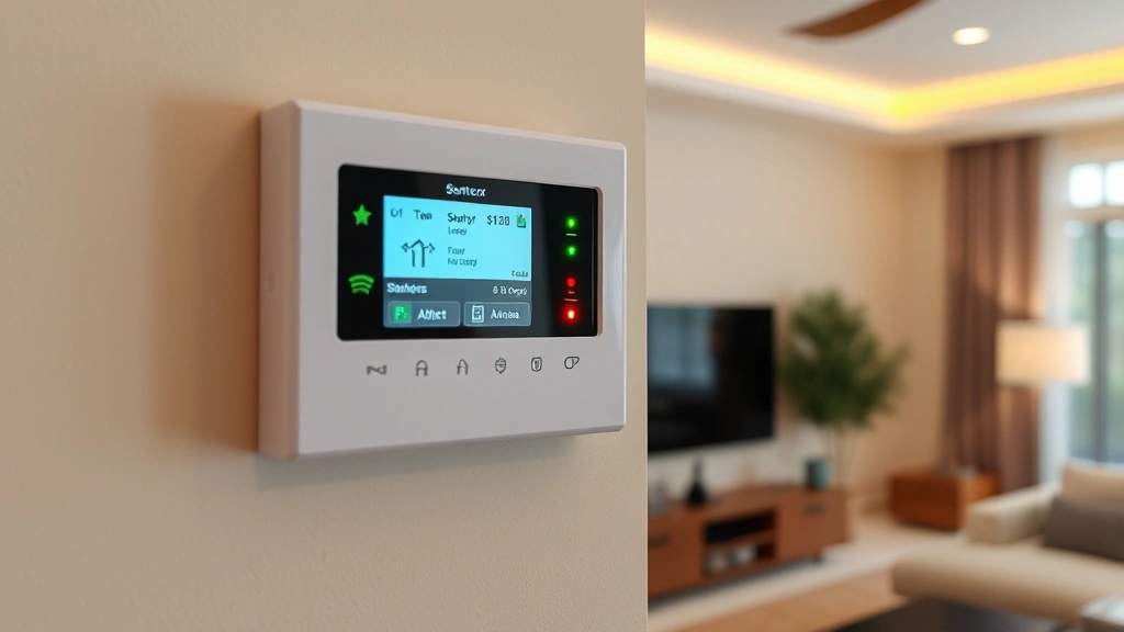 Home security control panel displaying window sensor status indicators with green and red alert lights, mounted on beige wall in modern living room, professional installation visible