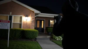 Professional burglar conducting nighttime reconnaissance of suburban home with visible security signage, wearing dark clothing, examining entry points and perimeter while avoiding motion sensor lighting