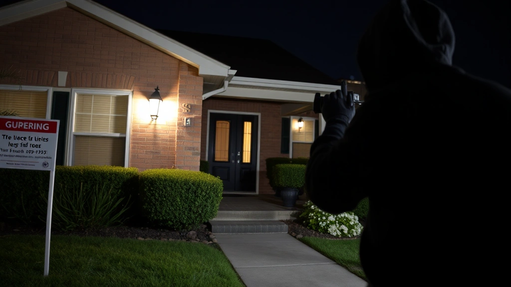 Professional burglar conducting nighttime reconnaissance of suburban home with visible security signage, wearing dark clothing, examining entry points and perimeter while avoiding motion sensor lighting