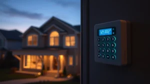 Residential home at dusk with illuminated security system keypad visible through window, showing digital interface with glowing buttons and status indicators, suburban neighborhood setting
