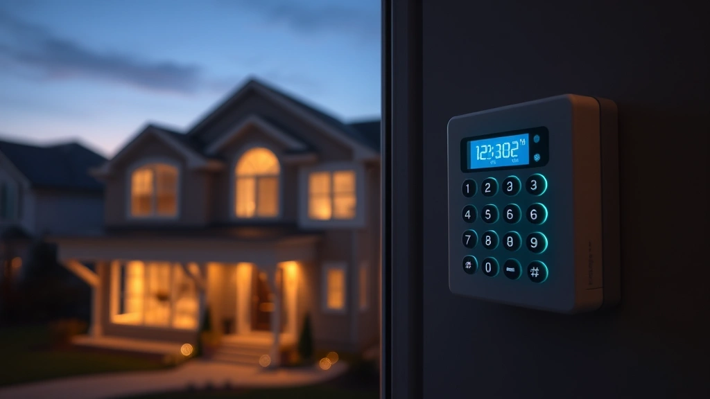 Residential home at dusk with illuminated security system keypad visible through window, showing digital interface with glowing buttons and status indicators, suburban neighborhood setting