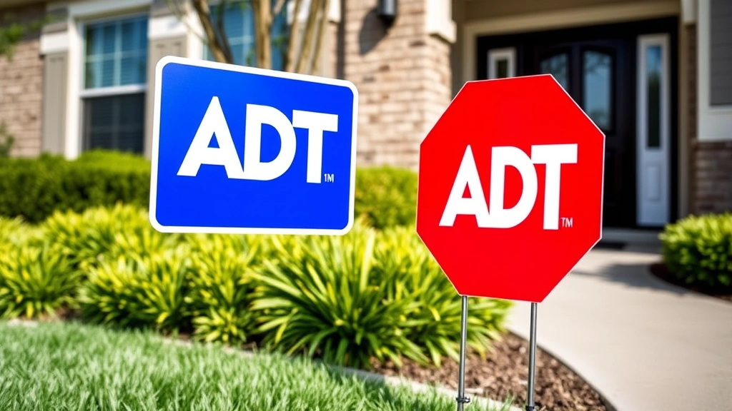Close-up of distinctive blue and red ADT security yard sign installed at residential property entrance with well-maintained landscaping, photographed during daytime showing clear branding and visibility