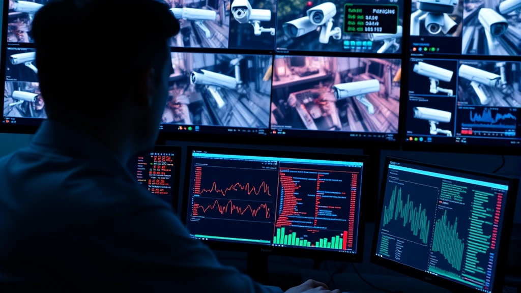 Cybersecurity professional monitoring multiple security camera feeds and alarm system data on computer dashboard, blue light from screens, professional security operations center environment