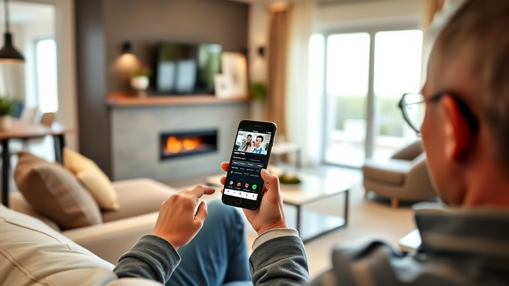 Homeowner reviewing smart home security system on smartphone showing real-time camera feeds, motion alerts, and system status while sitting in modern living room with visible smart devices