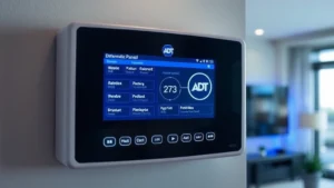 Professional ADT security panel display showing communication status lights and diagnostic interface, mounted on residential wall, modern home interior background, high-tech security monitoring equipment
