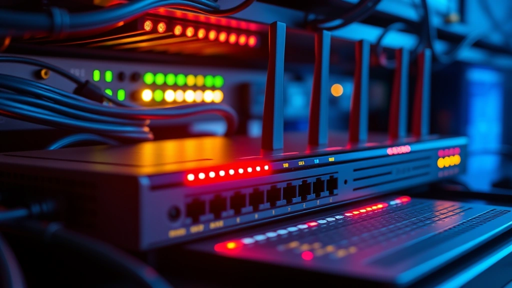 Network router and modem setup with active status lights, broadband internet connectivity equipment for home security systems, professional networking hardware close-up view