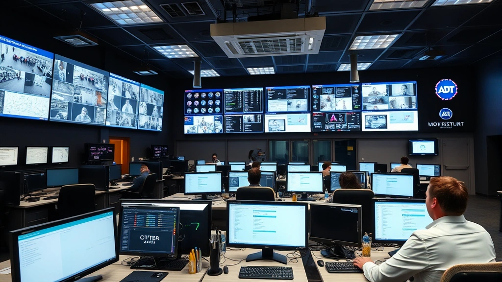 ADT monitoring center control room with operators at workstations, security system management facility, professional security monitoring station environment with multiple screens and communication equipment