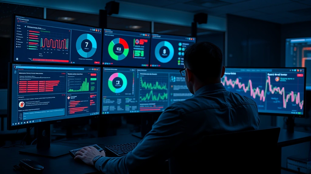 Cybersecurity analyst monitoring multiple endpoint protection dashboards with real-time threat detection alerts and network traffic visualization on computer screens in a modern security operations center