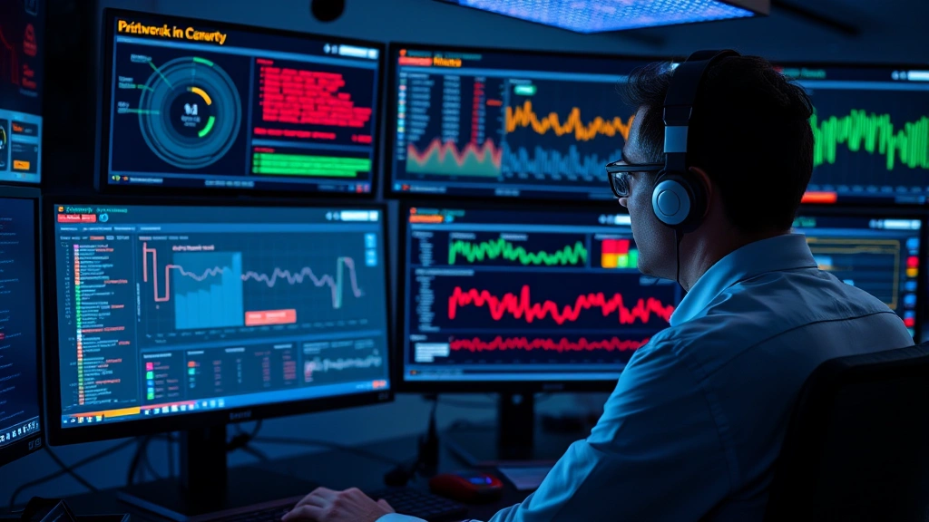 Professional cybersecurity analyst monitoring multiple dashboard displays showing real-time threat detection alerts and network activity metrics in a modern security operations center