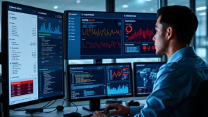 Cybersecurity analyst monitoring multiple endpoint alerts on a modern dashboard with threat indicators and network visualization, professional office setting with multiple monitors