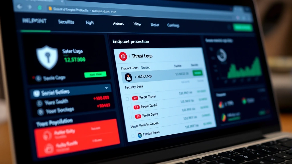 Close-up of a laptop screen showing endpoint protection software interface with security status indicators, threat logs, and system health metrics displayed clearly