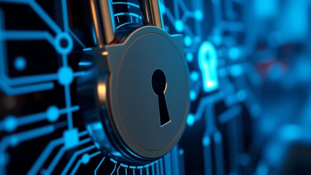 Close-up of digital lock mechanism with glowing blue security nodes and encrypted data streams flowing through network pathways, representing endpoint protection barriers