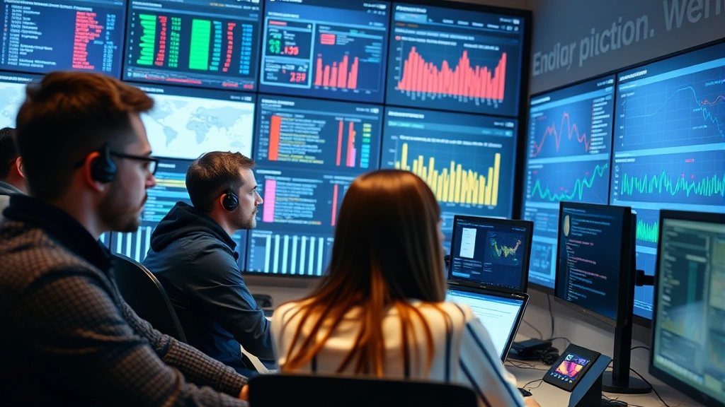 Team of security professionals in a security operations center reviewing threat intelligence reports and endpoint protection metrics on large wall displays