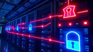 Data center with network security infrastructure, glowing blue firewall nodes interconnected, protecting server racks from symbolic red attack vectors coming from network connections, photorealistic enterprise environment