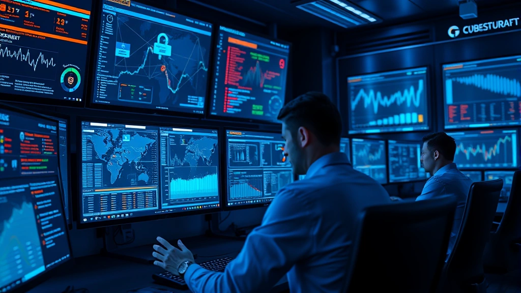 Cybersecurity operations center with security analysts monitoring multiple screens displaying network traffic patterns, threat detection alerts, and real-time security metrics, professional technical atmosphere with blue and orange accent lighting