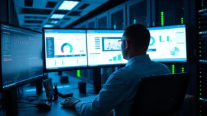 Cybersecurity professional monitoring multiple screens displaying security dashboards and threat detection alerts in a modern data center with blue and green lighting, photorealistic, no text visible