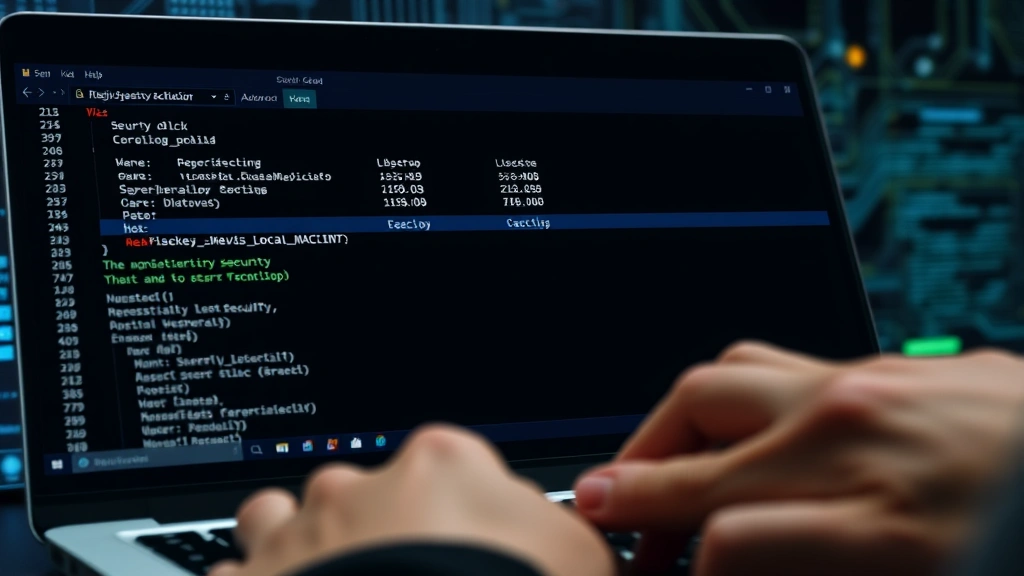 Close-up of Windows Registry Editor interface showing security policy keys, professional dark theme, hands on keyboard, focused on HKEY_LOCAL_MACHINE path, cybersecurity workspace background, realistic lighting