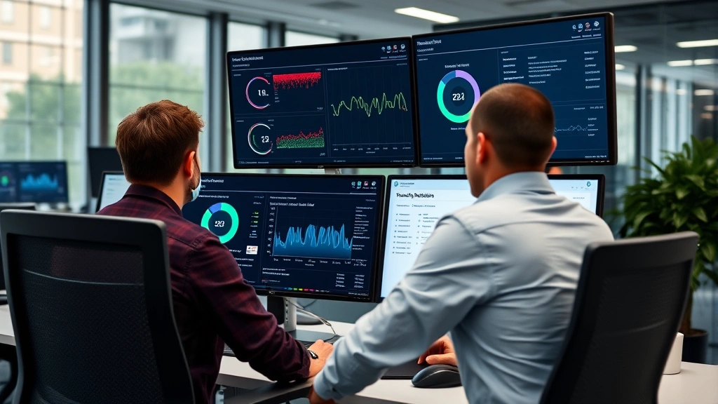 System administrator at desk monitoring multiple security dashboards displaying threat detection, network activity graphs, and endpoint protection status, modern office environment, multiple monitors showing security analytics