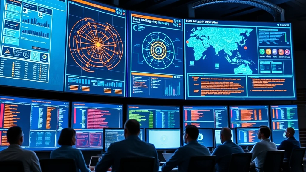 Enterprise security operations center with large display screens showing network topology, threat intelligence feeds, and real-time security alerts, professional team environment, blue and amber color scheme, no visible text on screens