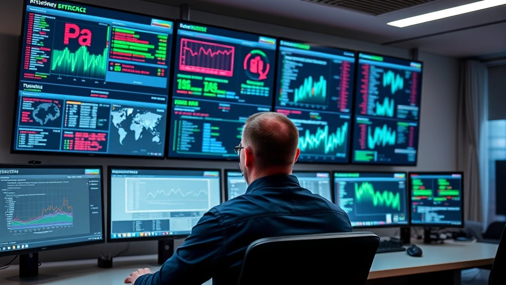 Cybersecurity professional monitoring multiple security dashboards displaying real-time threat detection alerts and network traffic analysis on sleek computer monitors in a modern security operations center