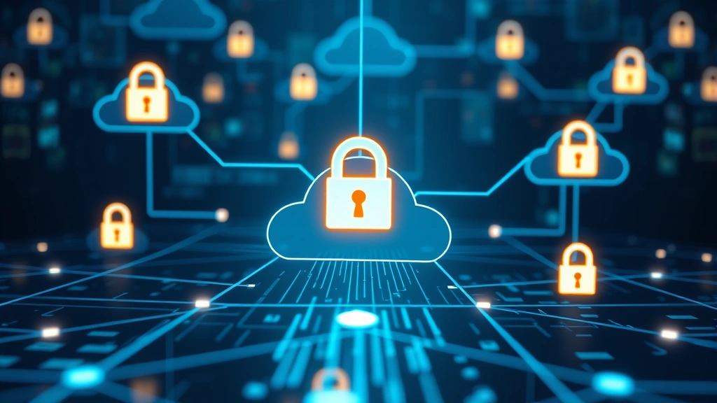 Digital visualization of data flowing through encrypted channels with padlock symbols and security barriers protecting information across interconnected cloud networks and endpoints