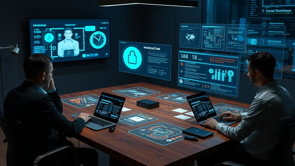 Security team members collaborating around a conference table with holographic displays showing threat intelligence, vulnerability assessments, and incident response workflows in progress