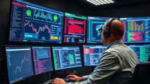 Cybersecurity analyst monitoring multiple high-resolution screens displaying network traffic visualizations, threat dashboards, and real-time security alerts in a modern security operations center, professional lighting highlighting focused concentration
