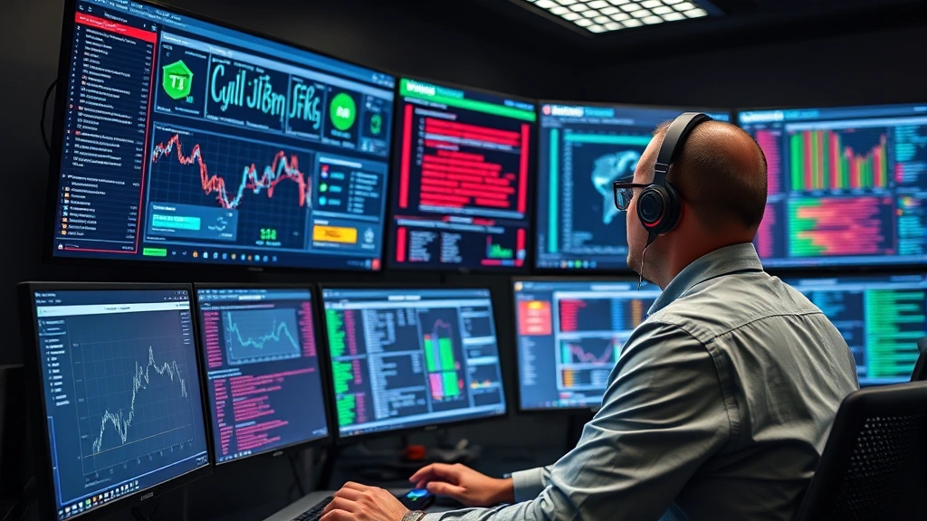 Cybersecurity analyst monitoring multiple high-resolution screens displaying network traffic visualizations, threat dashboards, and real-time security alerts in a modern security operations center, professional lighting highlighting focused concentration