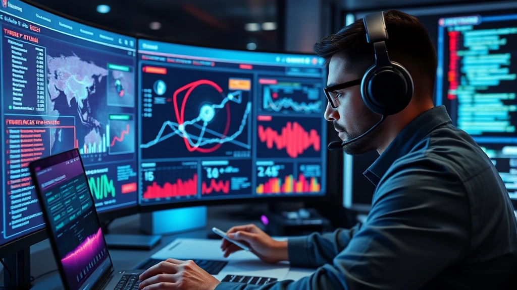 Security professional conducting threat analysis with holographic-style data visualization showing attack patterns, threat intelligence feeds, and response metrics in an advanced security operations environment