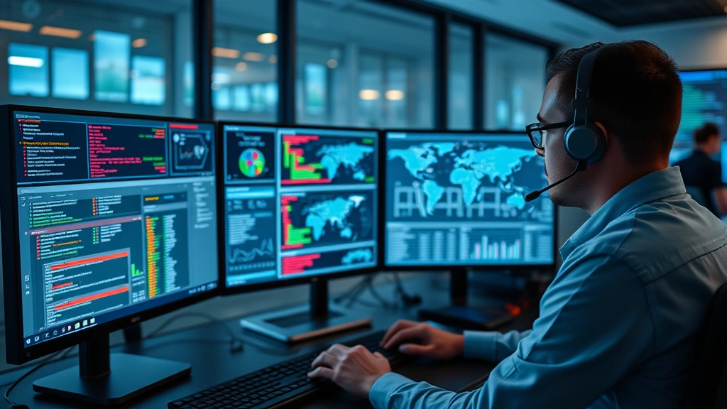 Cybersecurity professional at workstation with multiple monitors displaying real-time threat detection alerts, network topology visualization, and security dashboard metrics in modern SOC environment