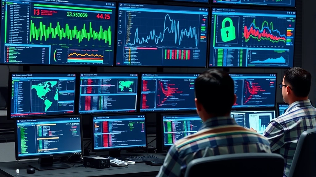 Security operations center team monitoring advanced threat detection dashboards displaying real-time alerts and network traffic analysis across multiple screens in professional data center