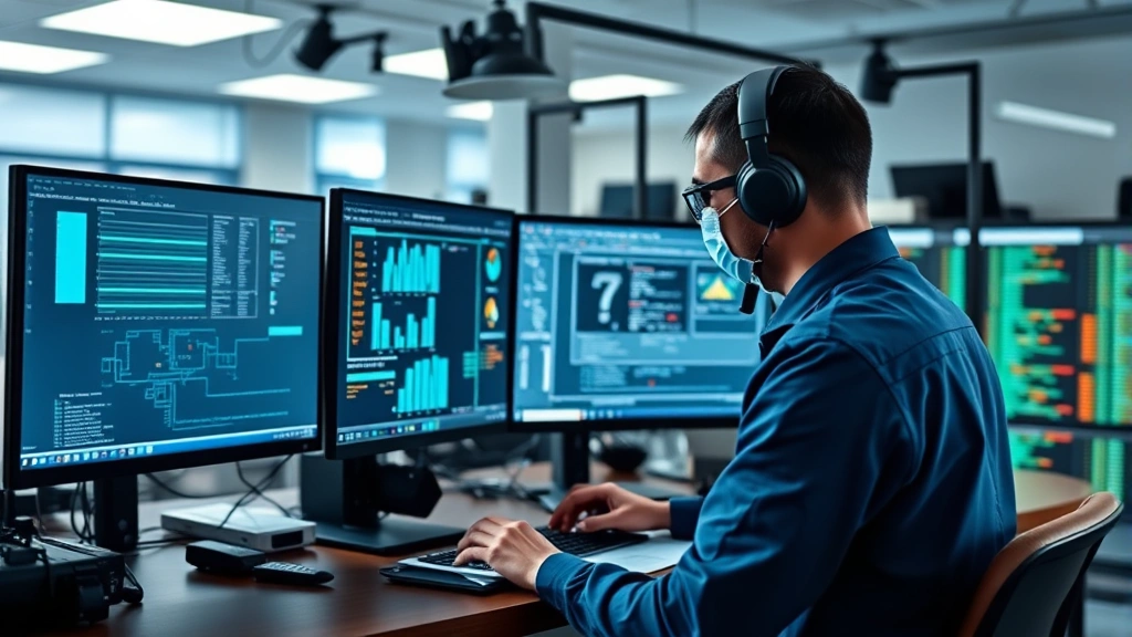 Cybersecurity professional analyzing forensic evidence on dual monitors while documenting incident response procedures in secure operations center with equipment and security infrastructure