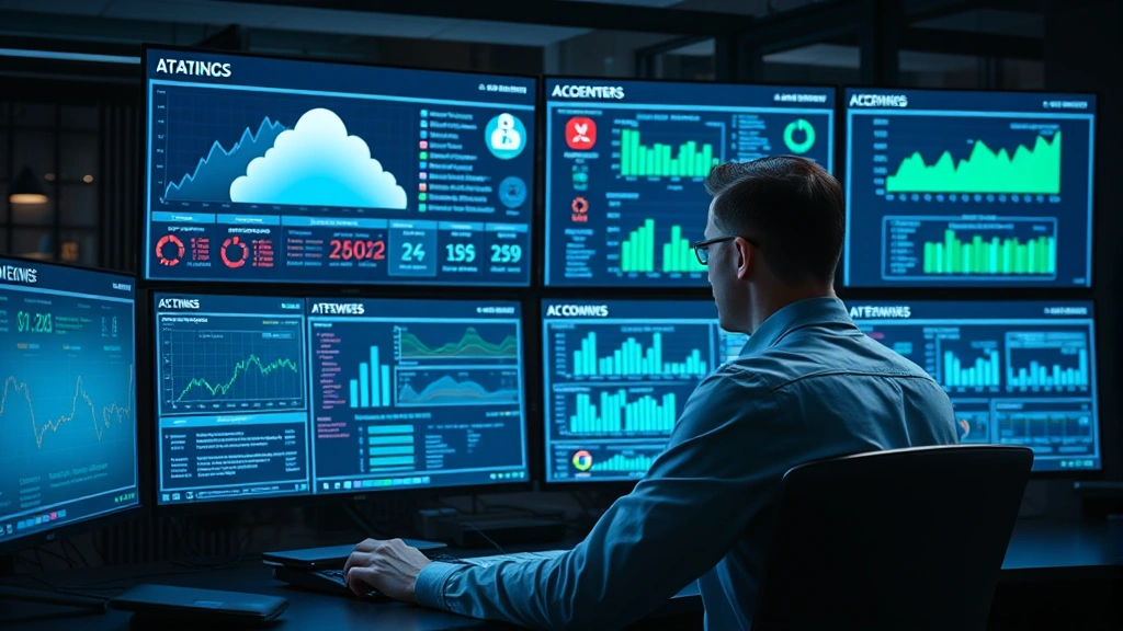 Professional cybersecurity analyst monitoring multiple cloud security dashboards on large screens, showing real-time threat detection and infrastructure metrics, modern SOC environment with blue and green data visualizations