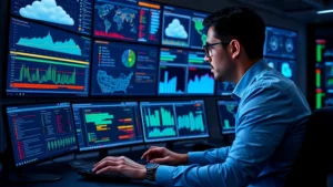 Professional cybersecurity analyst monitoring multiple cloud security dashboards with data visualization screens showing threat detection alerts and network traffic analysis in a modern SOC environment