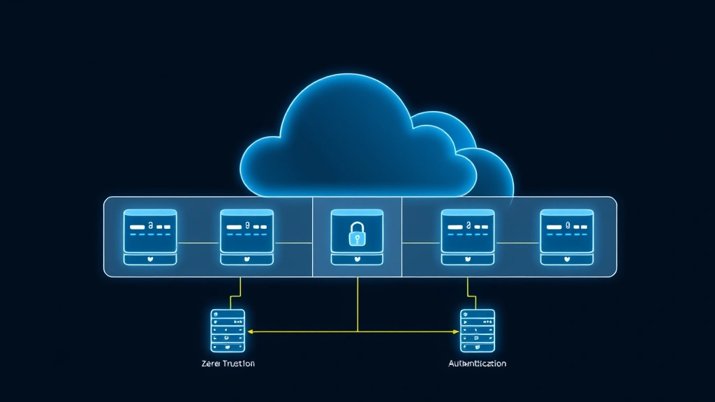 Digital illustration of cloud infrastructure with interconnected servers and security layers, showing zero trust architecture principles with segmented network zones and authentication checkpoints, abstract modern design