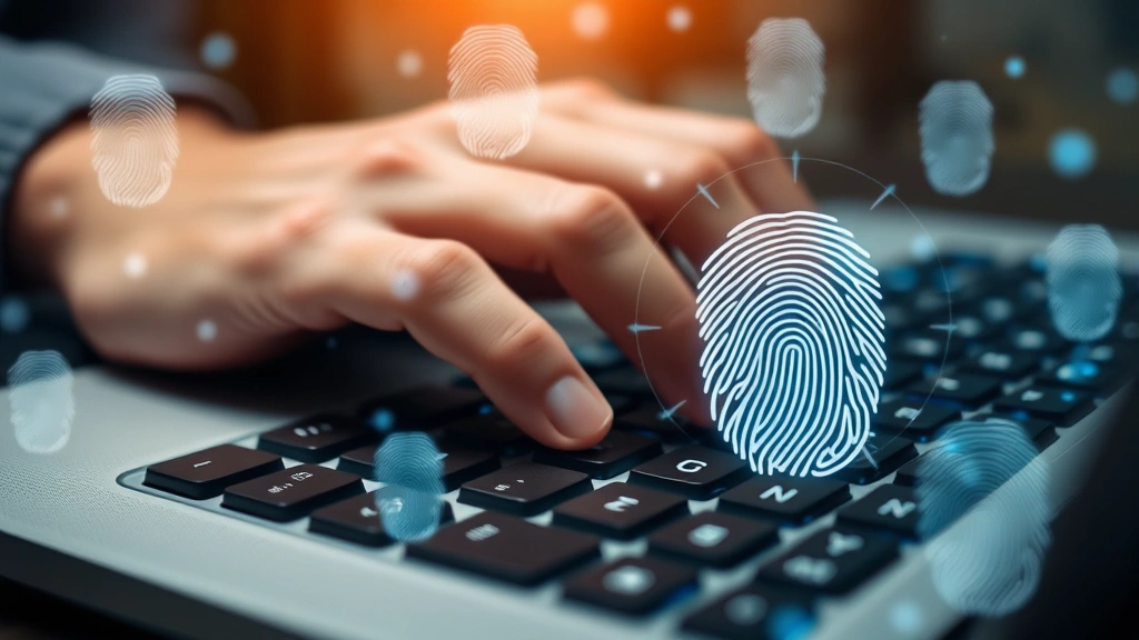 Close-up of a person's hands typing on a keyboard with transparent digital fingerprint patterns floating above, representing browser fingerprinting technology detection, modern tech aesthetic